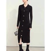 retro lapel knitted dress with metal buckle, view 3 - MRSLM