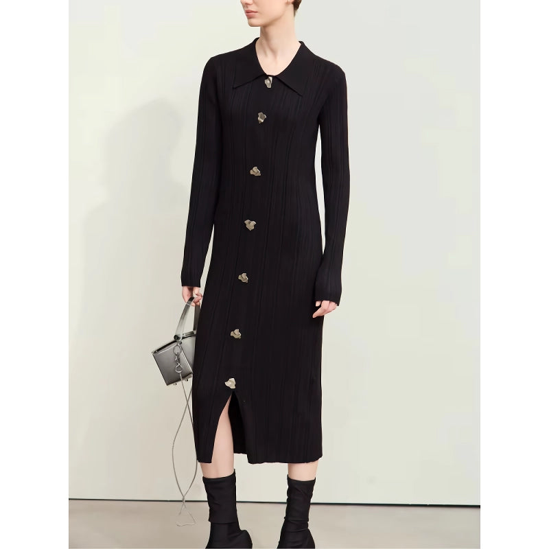 retro lapel knitted dress with metal buckle, view 3 - MRSLM