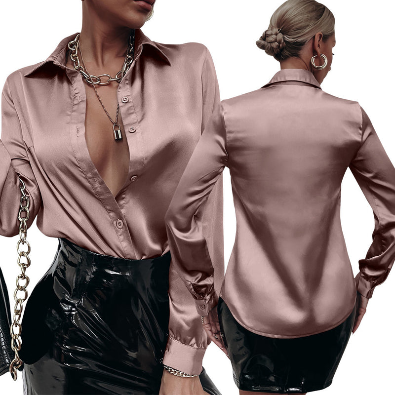 satin pleated long sleeve loose top, view 10 - MRSLM