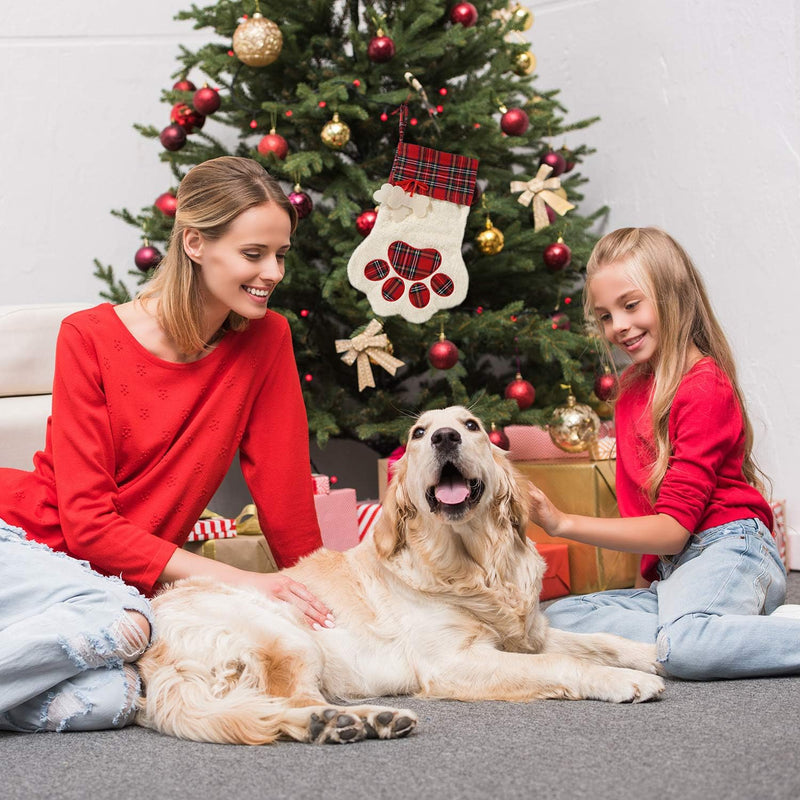 Buffalo plaid pet Christmas stocking with paw print, view 7 - MRSLM
