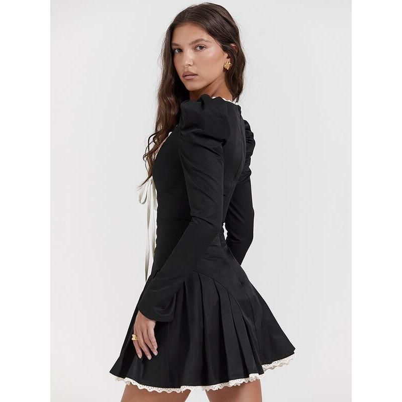 puff sleeve lace bandage mini dress, view 5 - MRSLM