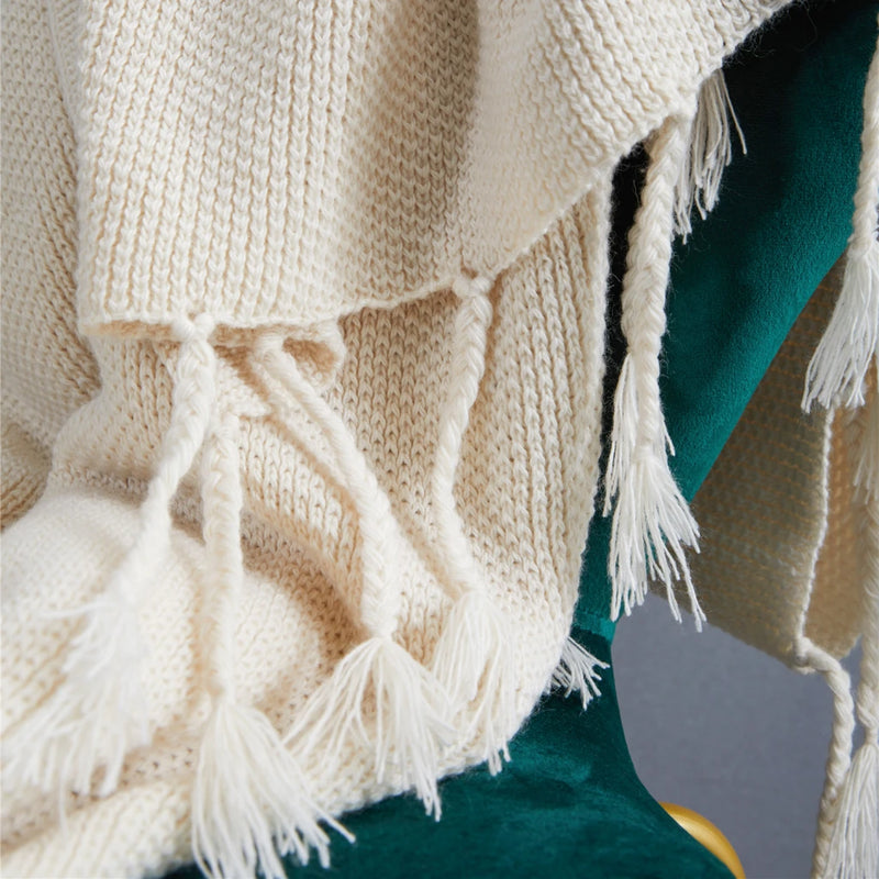 nordic wool knitted tassel blanket, view 9 - MRSLM