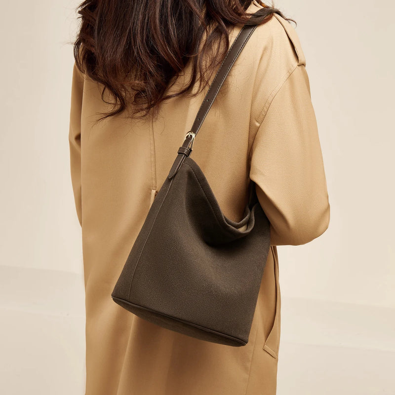 PU leather suede bucket shoulder bag, view 2 - MRSLM