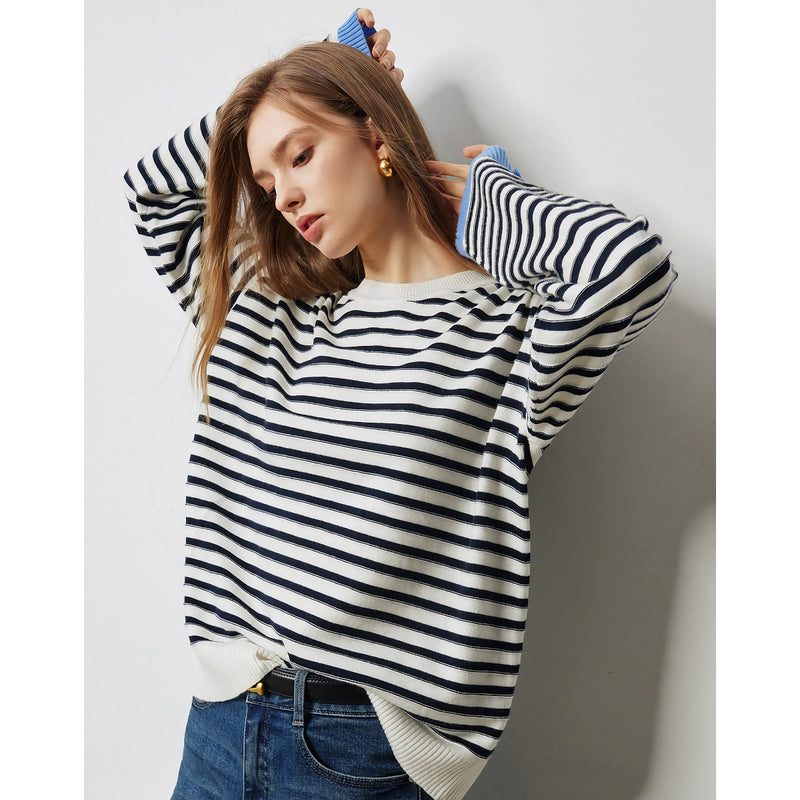 Women's striped knitted pullover sweater, view 7 - MRSLM