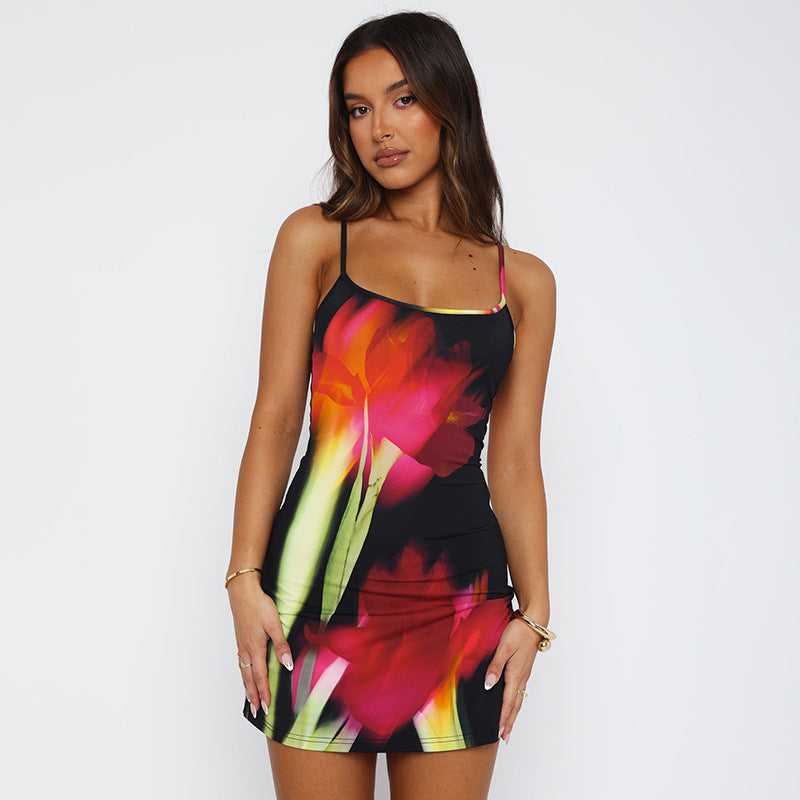 flowers printed suspender square neck dress, view 9 - MRSLM