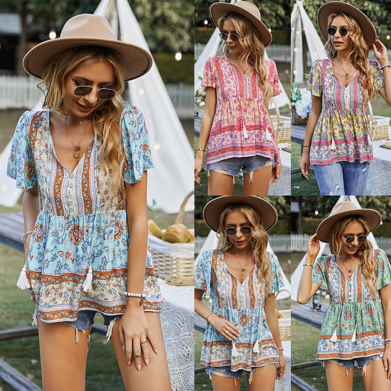 women's bohemian printed vacation top, view 9 - MRSLM