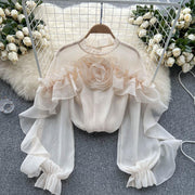 women's ruffled mesh pleated blouse, view 3 - MRSLM