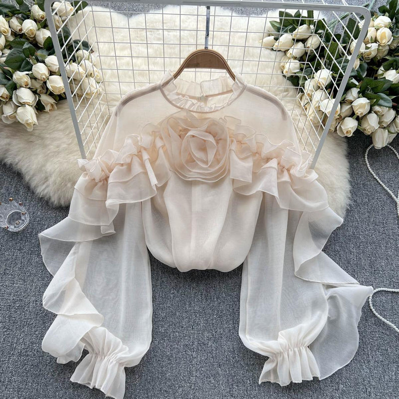 women's ruffled mesh pleated blouse, view 3 - MRSLM