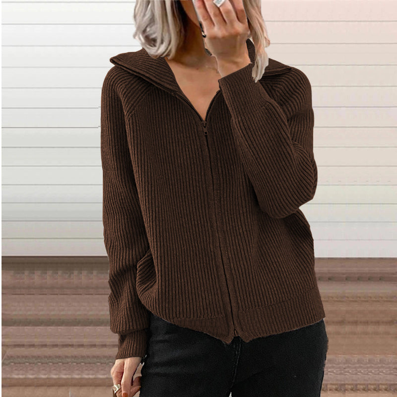 women's striped knit zip cardigan coat, view 7 - MRSLM