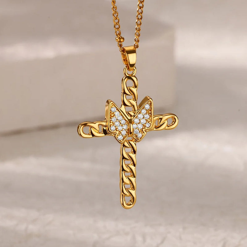 Butterfly and cross pendant necklace, view 3 - MRSLM