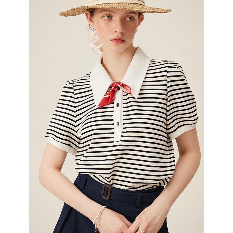 striped polo-neck puff sleeve tee, view 4 - MRSLM