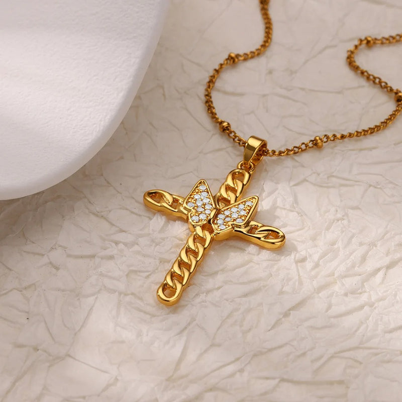Butterfly and cross pendant necklace, view 5 - MRSLM