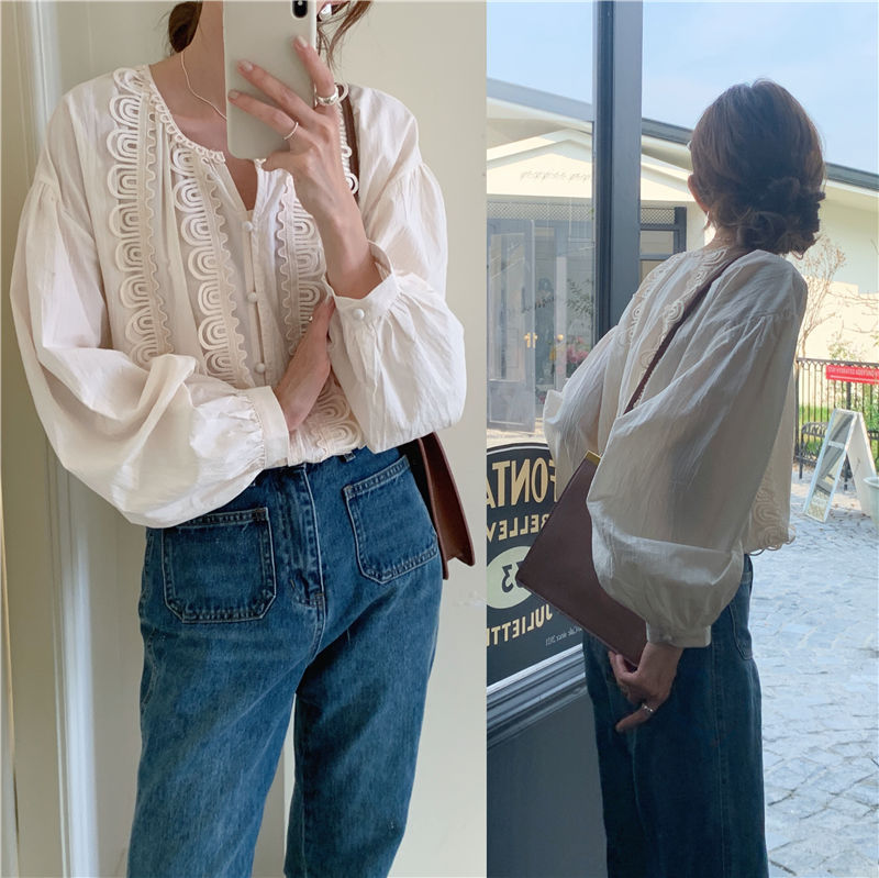 round neck lace stitching long-sleeved shirt, view 8 - MRSLM