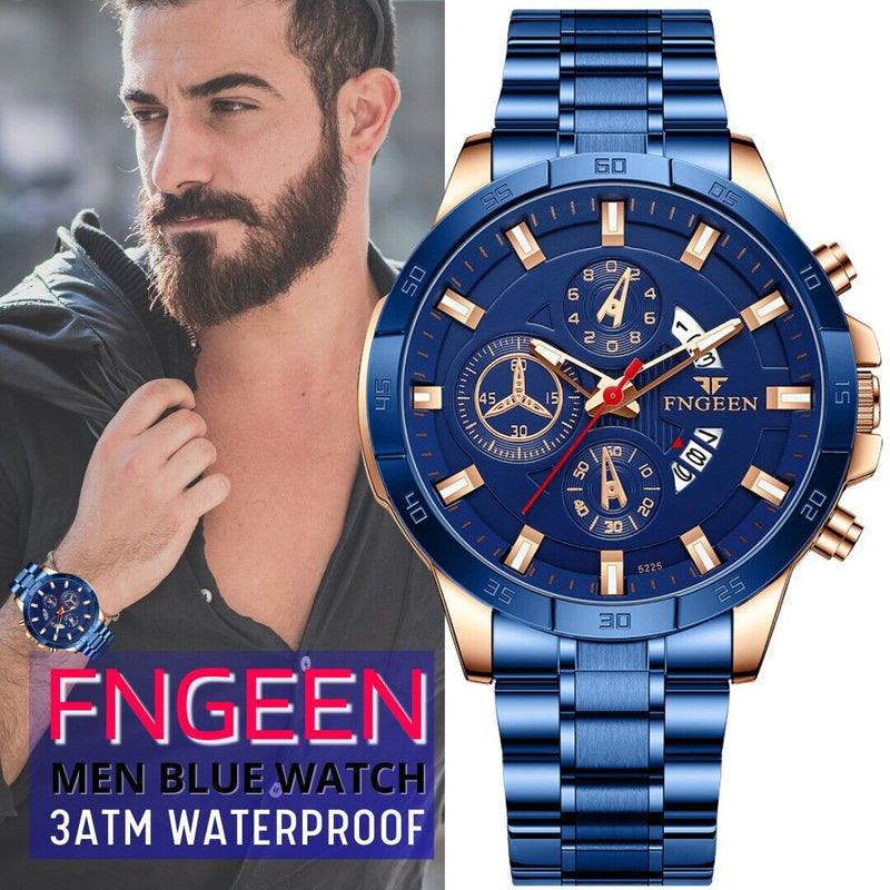 men's blue dial stainless steel quartz watch, view 6 - MRSLM
