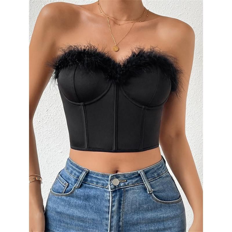 furry trim corset tube top, view 5 - MRSLM