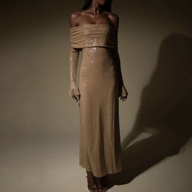 slim-fit off-neck long dress, view 3 - MRSLM