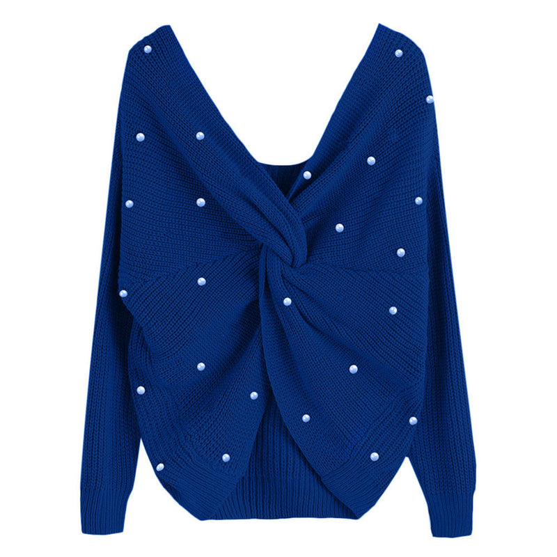 women's v-neck cross backless knit sweater, view 11 - MRSLM