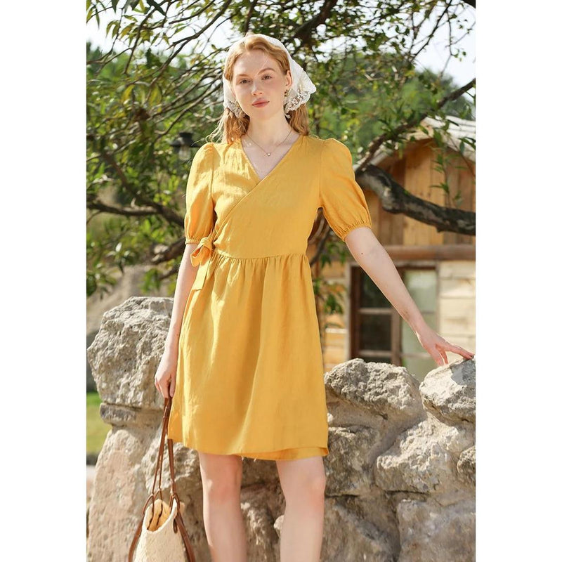 linen puff sleeve mini dress, view 3 - MRSLM