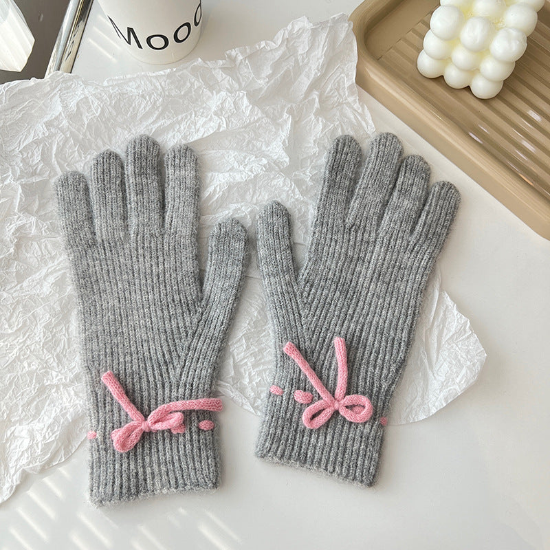 Solid-color bow warm finger gloves, view 6 - MRSLM