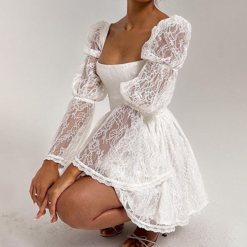 square-neck long sleeve lace waist dress, view 2 - MRSLM