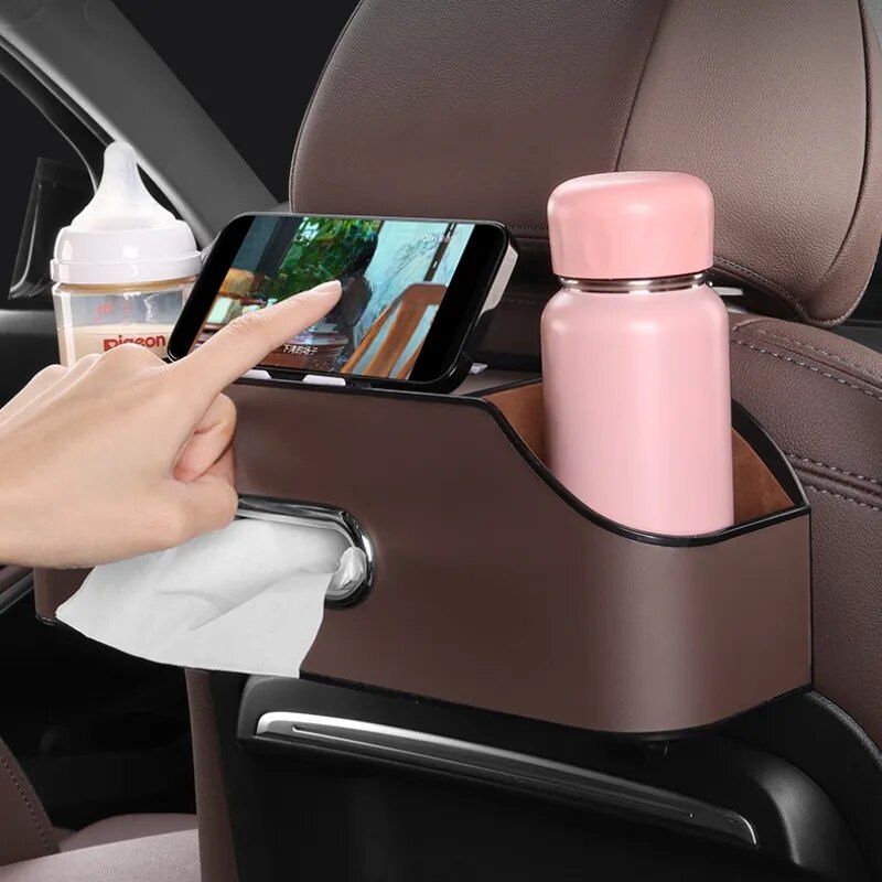 Leather Multi-Use Car Storage Box with Tissue Holder & Phone Stand