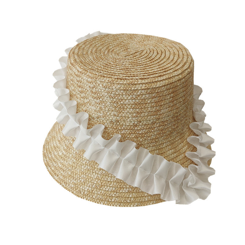 pleated lace straw bucket hat, view 3 - MRSLM