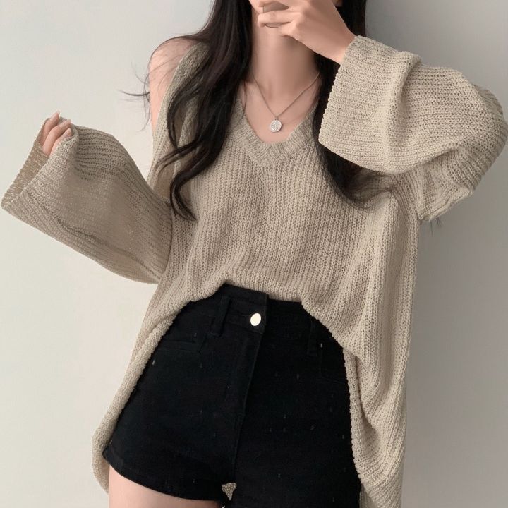 women's off shoulder v-neck thin knit top, view 5 - MRSLM