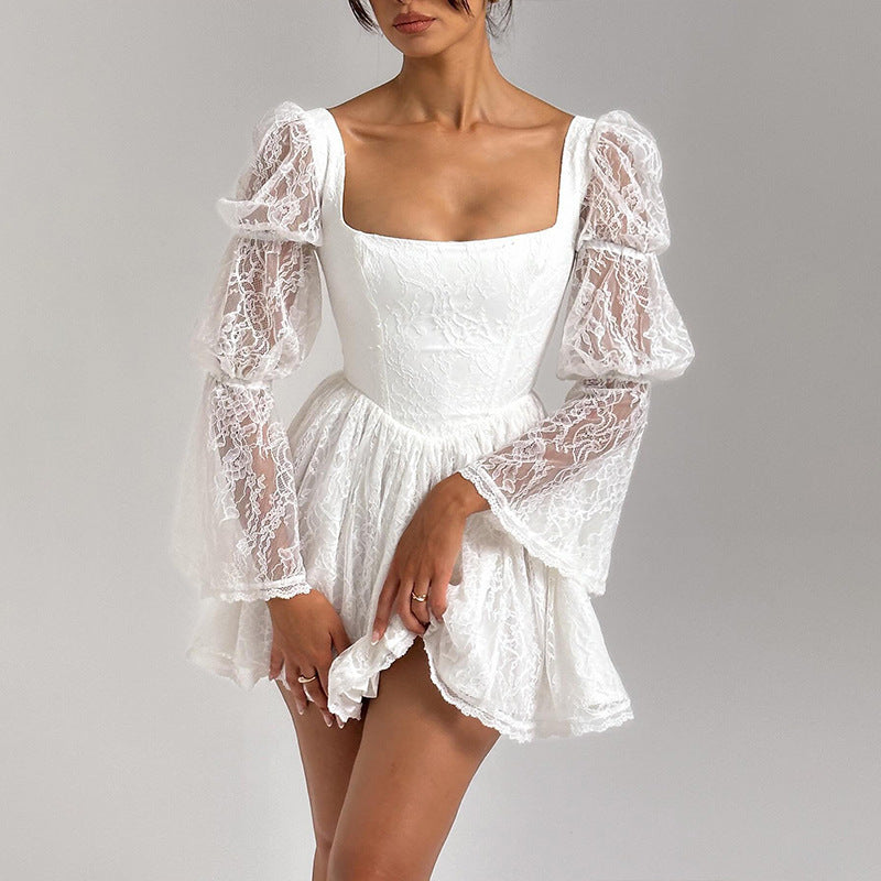 square-neck long sleeve lace waist dress - MRSLM