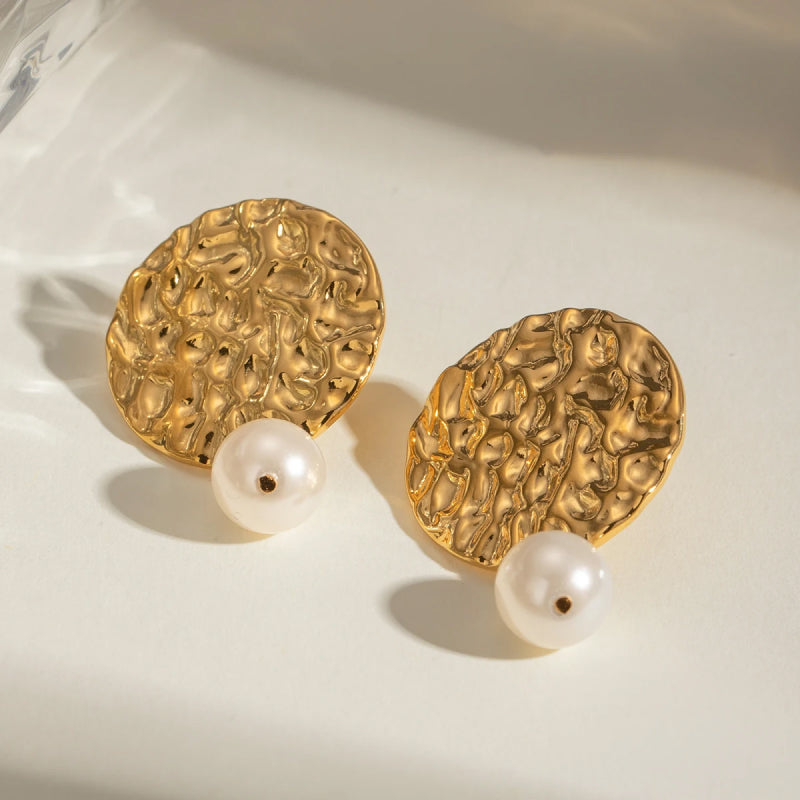 retro gold plated hammered pearl earrings, view 7 - MRSLM