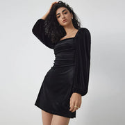 velvet square neck mini dress, view 4 - MRSLM