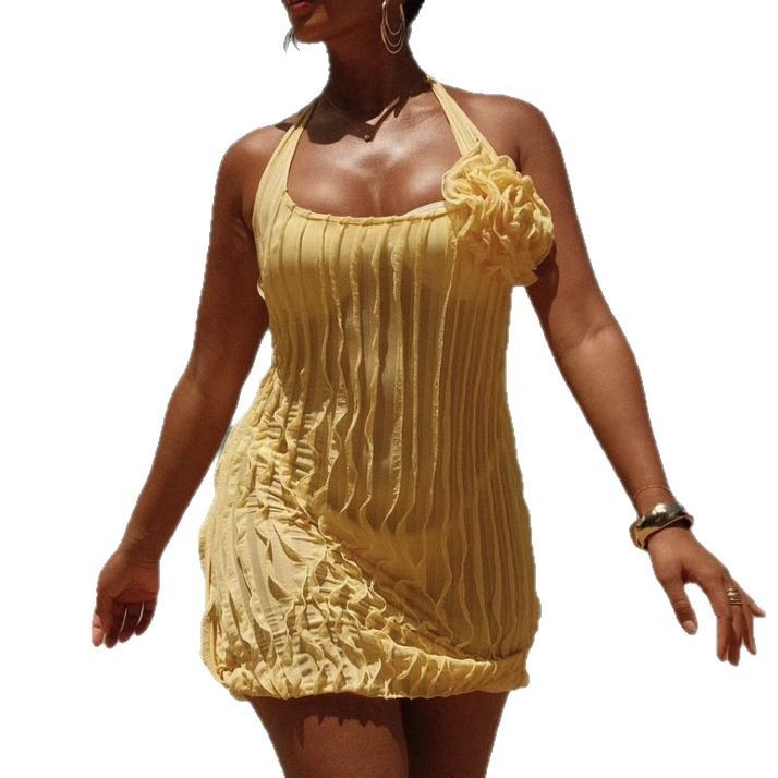 halter neck pleated flower dress, view 3 - MRSLM