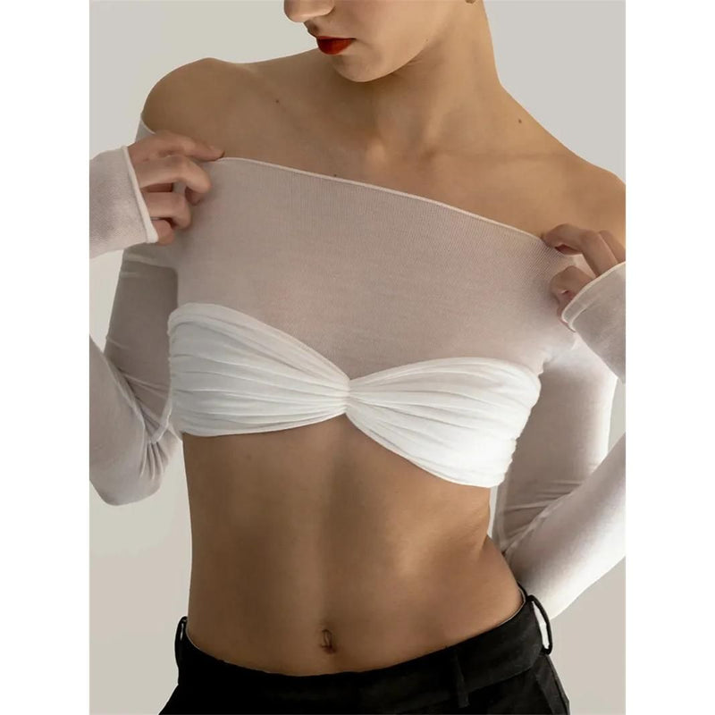 off-shoulder mesh crop top, view 5 - MRSLM