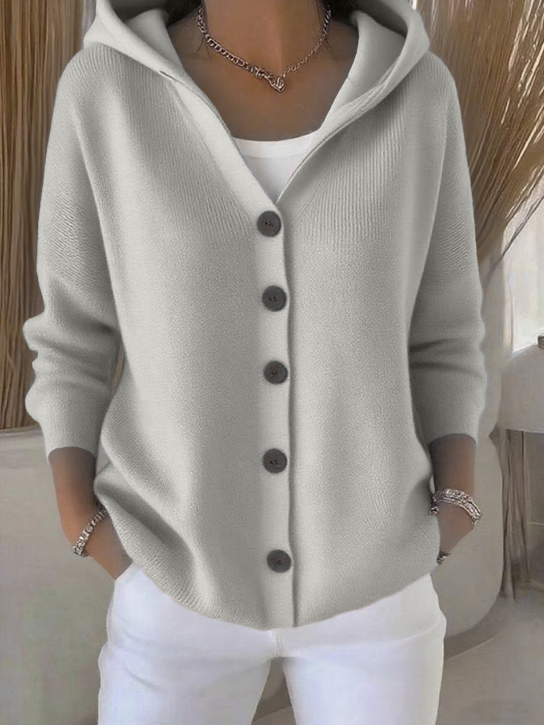 Ins Button Hooded Sweater Fashion Autumn And Winter Knitted Cardigan Casual Commuter Long Sleeve Top Women's Clothing