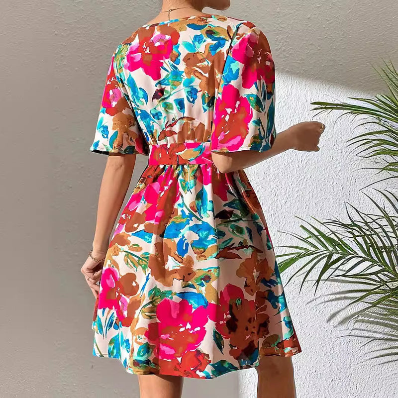 floral cross collar belted dress, view 2 - MRSLM