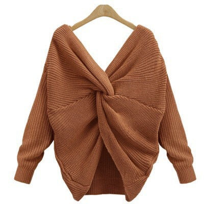 women's v-neck cross backless knit sweater, view 6 - MRSLM