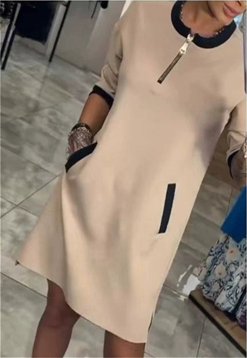 women's midi dress round neck zipper pocket, view 7 - MRSLM