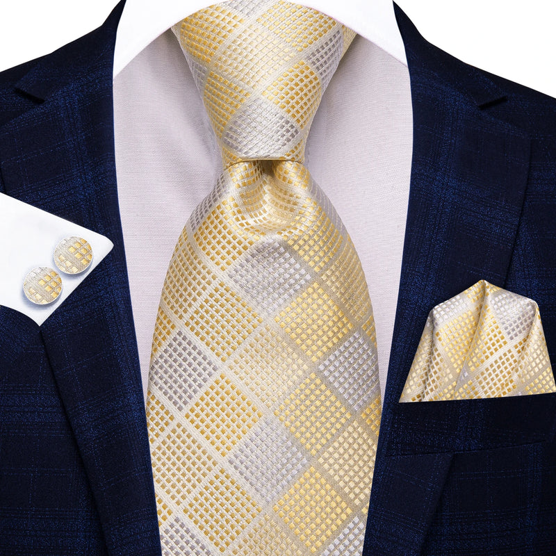 champagne plaid silk tie set for men, view 2 - MRSLM