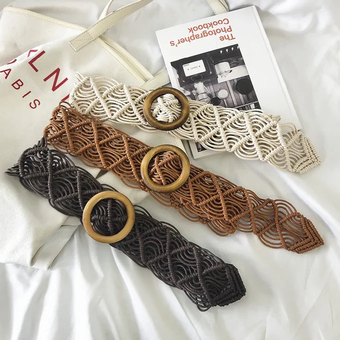 boho woven belt with wooden buckle, view 5 - MRSLM