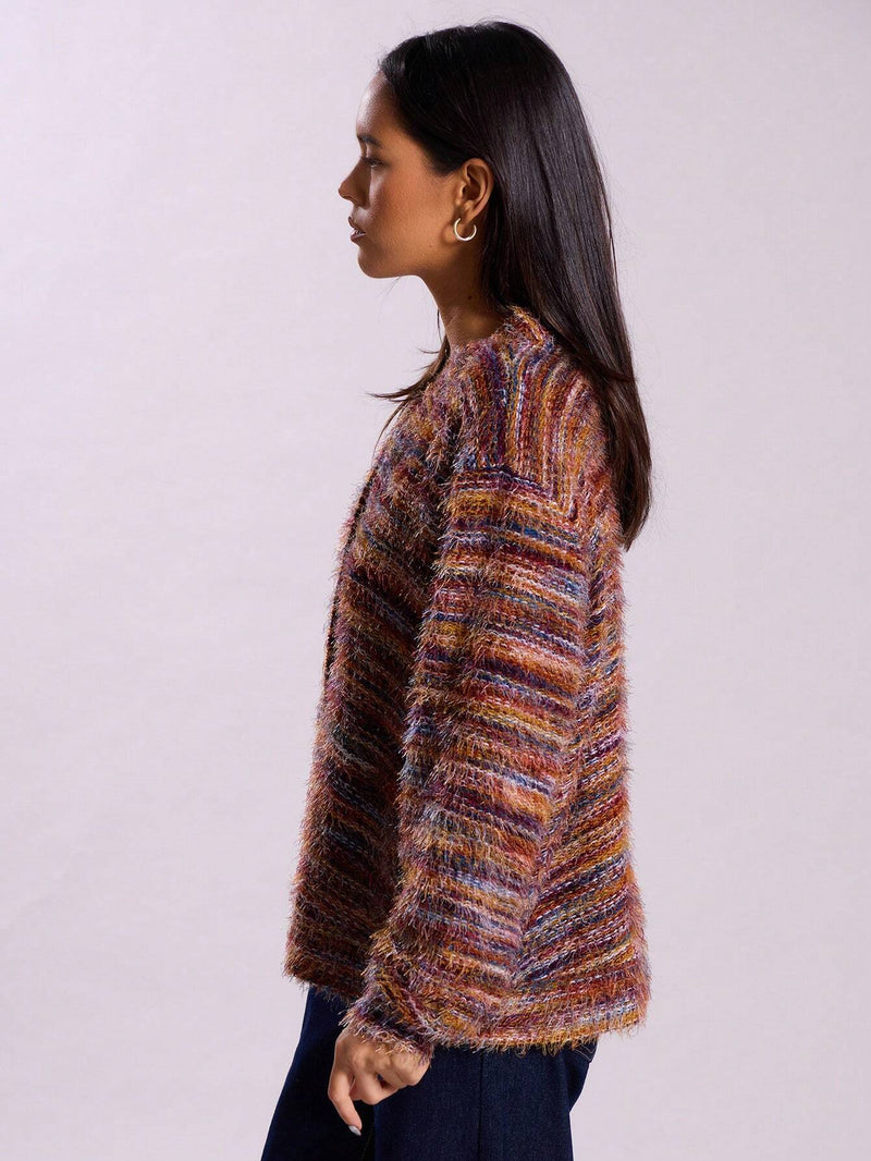 Women's fuzzy space-dye knit cardigan, view 5 - MRSLM