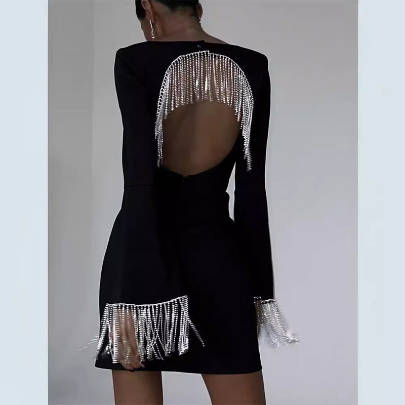 tassel back hollow bell sleeve dress, view 2 - MRSLM