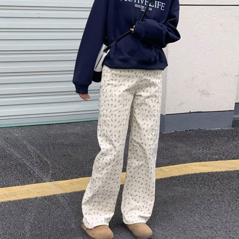 Retro Cherry Embroidered Corduroy Straight Casual Trousers