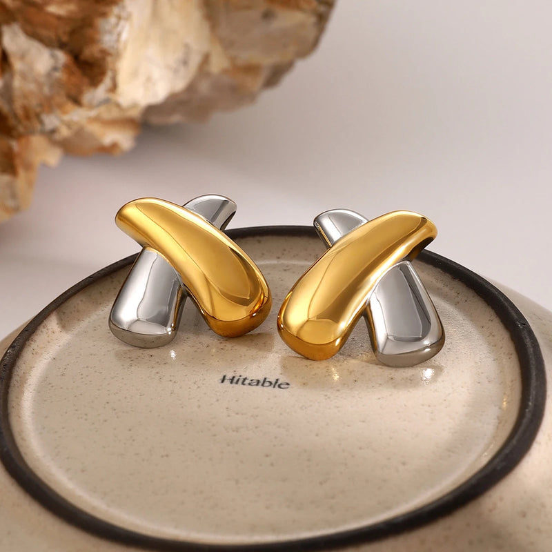 gold plated chubby X stud earrings, view 5 - MRSLM