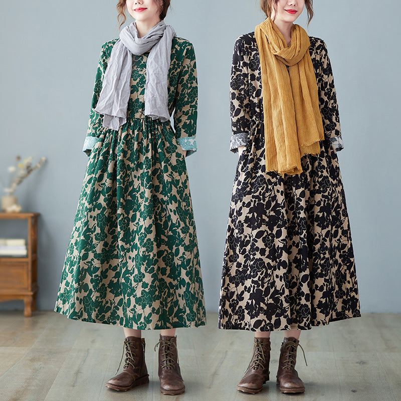 retro art floral print cotton linen dress, view 2 - MRSLM