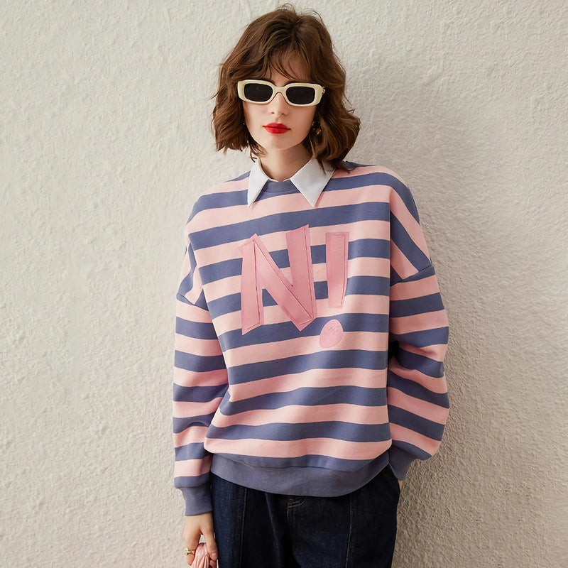striped letter print sequin embroidered sweatshirt, view 3 - MRSLM