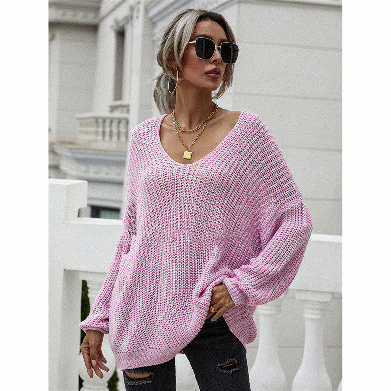 women's solid v-neck pullover sweater, view 3 - MRSLM