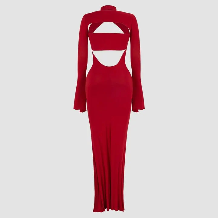hollow solid color maxi dress, view 5 - MRSLM