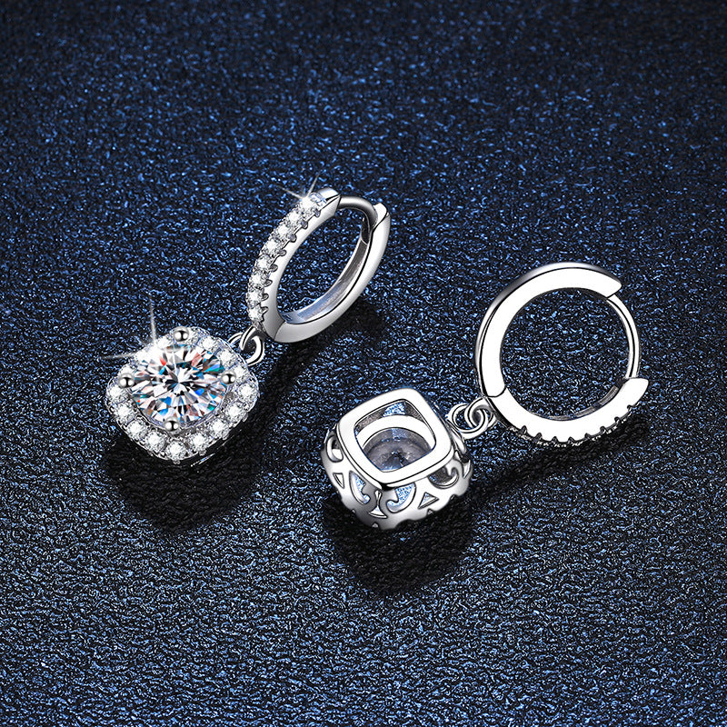 silver moissanite square stud earrings, view 4 - MRSLM