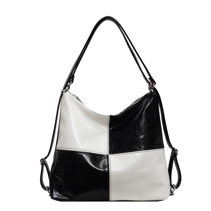 color contrast patchwork tote bag, view 4 - MRSLM
