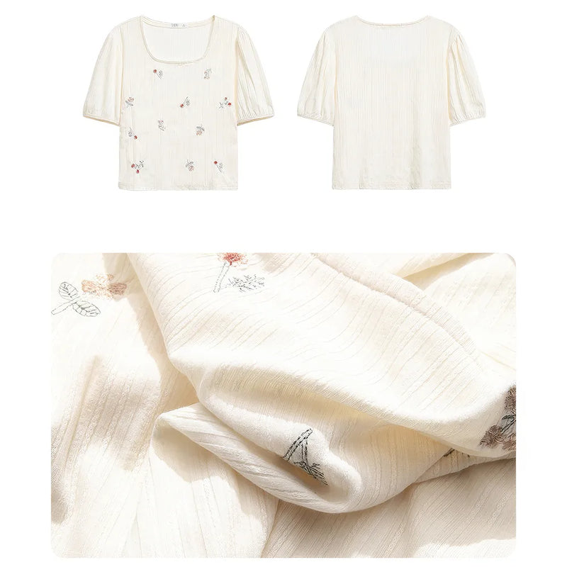 square neck embroidery puff t-shirt, view 8 - MRSLM