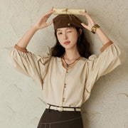 retro v-neck lantern sleeve shirt - MRSLM